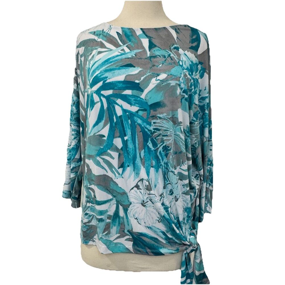 Easywear Chico’s Womens Blouse Top  XL 3  Tropical Coastal Resort Blue White New